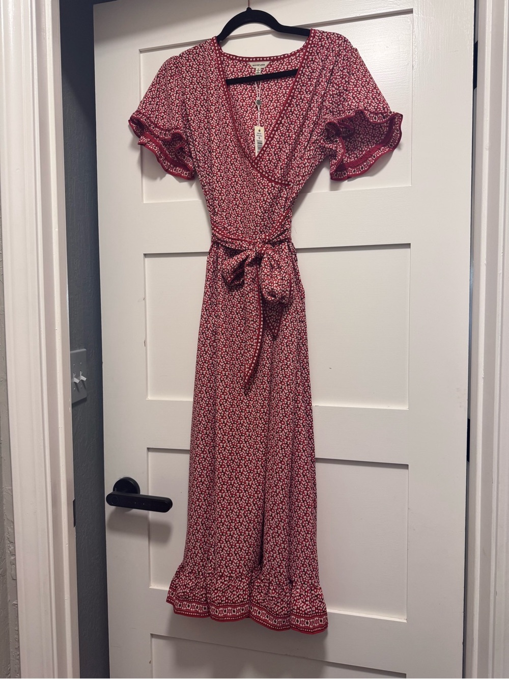 Max Studio Red Floral Wrap Maxi Dress with Tie Waist and Ruffle Hem